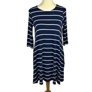 NEW Agnes & Dora Navy White Striped 3/4 Sleeve A-Line Swing Tunic Dress Small